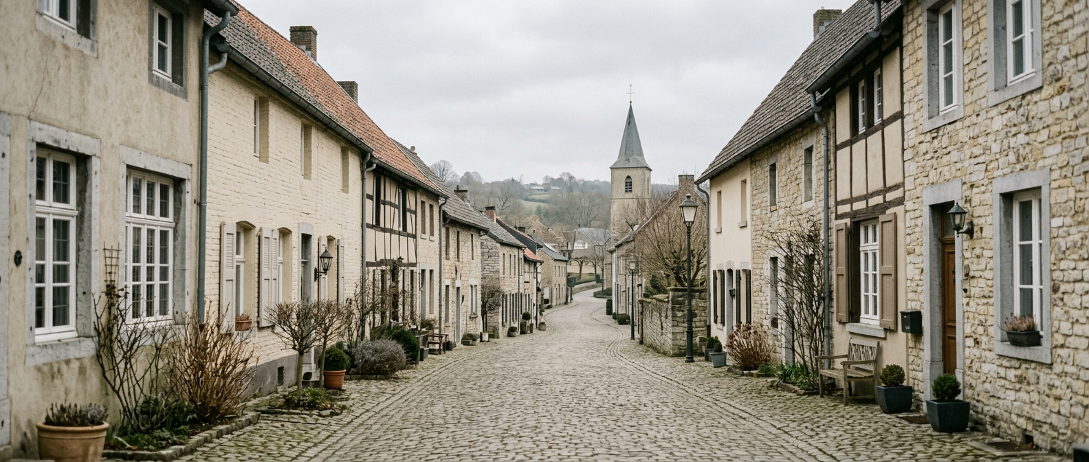 Rustige dorpsstraat in Simpelveld met klassieke Limburgse woningen richting Sint-Remigiuskerk, schilder in Simpelveld VDB Schilderwerken