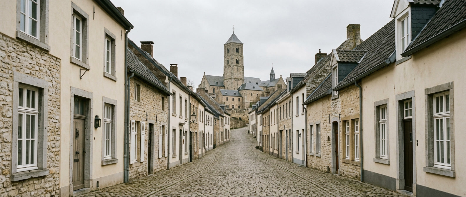Rustige historische straat in Sint Odiliënberg met klassieke Limburgse woningen richting basiliek, schilder in Sint Odiliënberg VDB Schilderwerken