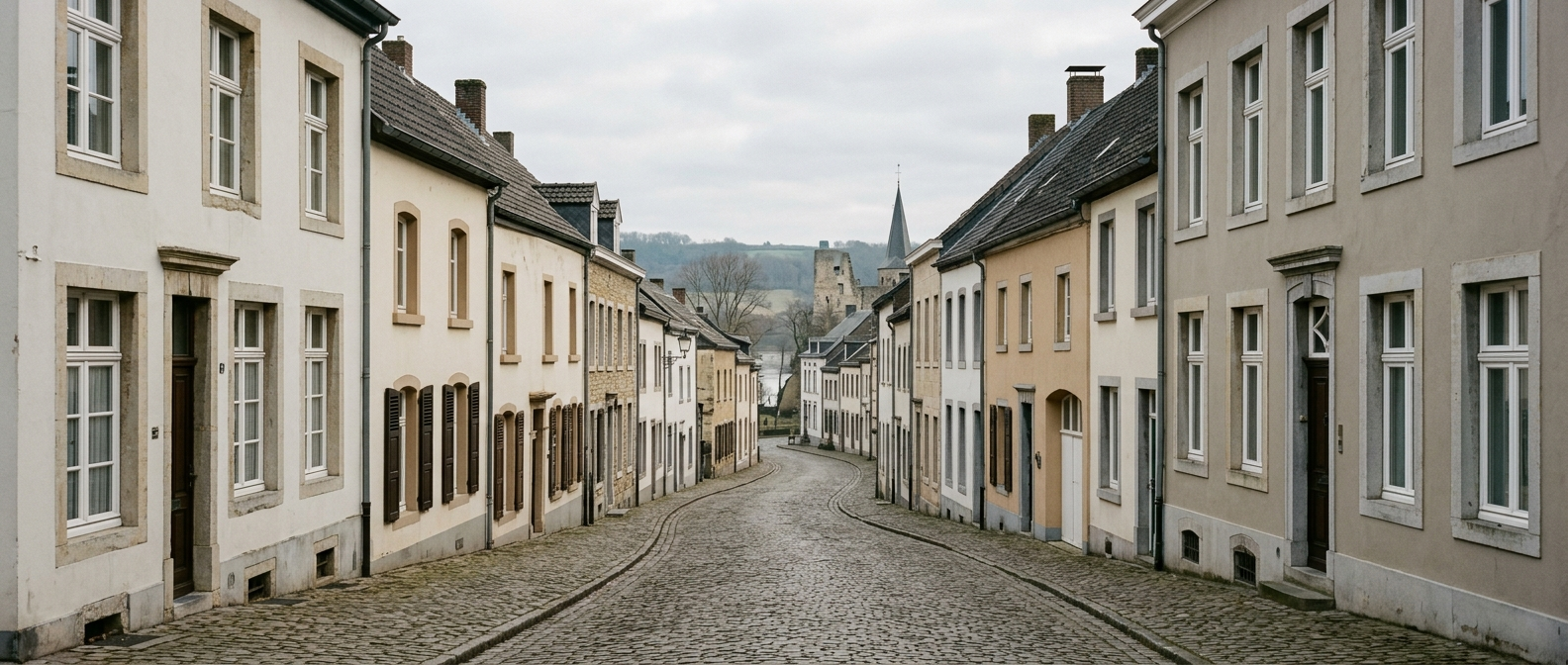 Historische straat in Stein met klassieke Limburgse dorpswoningen richting Kasteel Stein en Sint-Martinuskerk, schilder in Stein VDB Schilderwerken