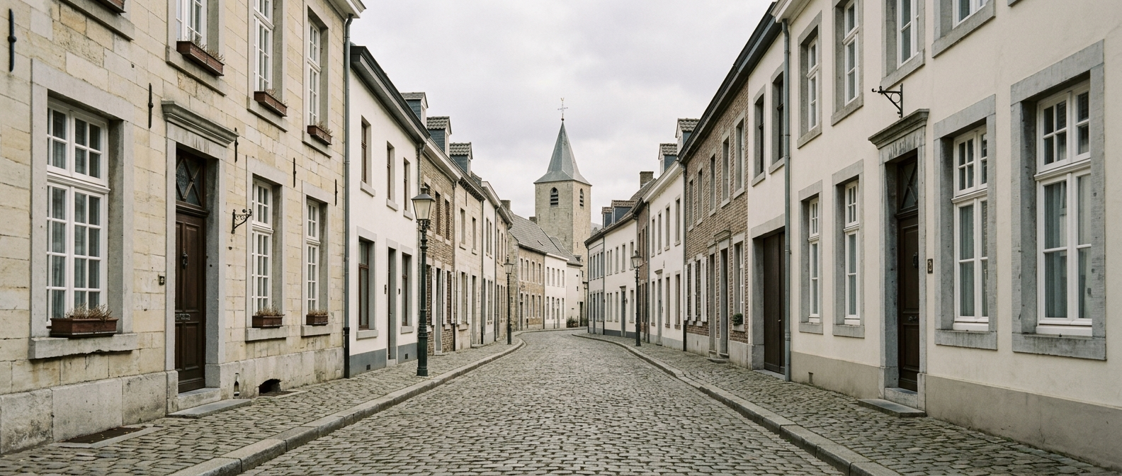 Rustige historische straat in Stevensweert met klassieke Limburgse woningen richting Sint-Stephanuskerk, schilder in Stevensweert VDB Schilderwerken