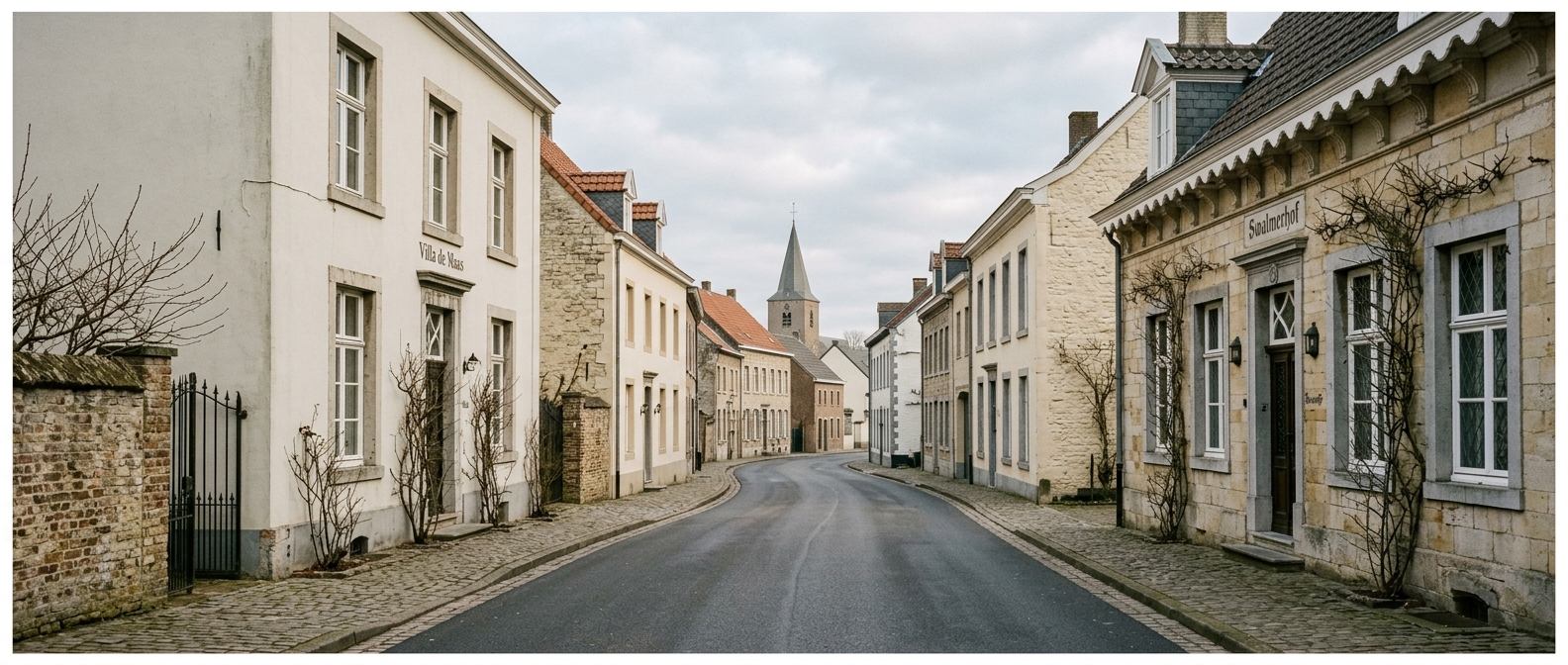 Rustige historische straat in Swalmen met klassieke Limburgse woningen richting Sint-Lambertuskerk, schilder in Swalmen VDB Schilderwerken