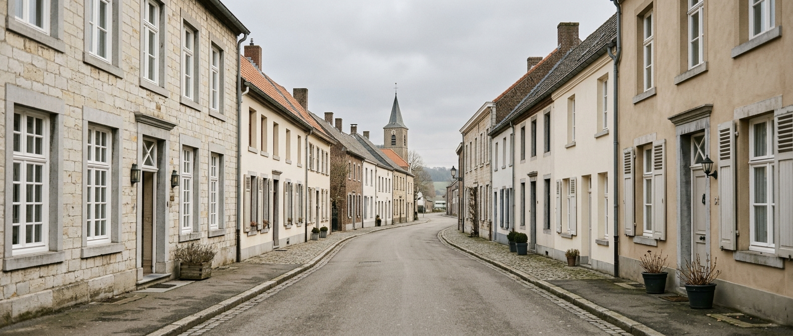 Rustige historische straat in Tegelen met klassieke Limburgse woningen richting Sint-Martinuskerk, schilder in Tegelen VDB Schilderwerken