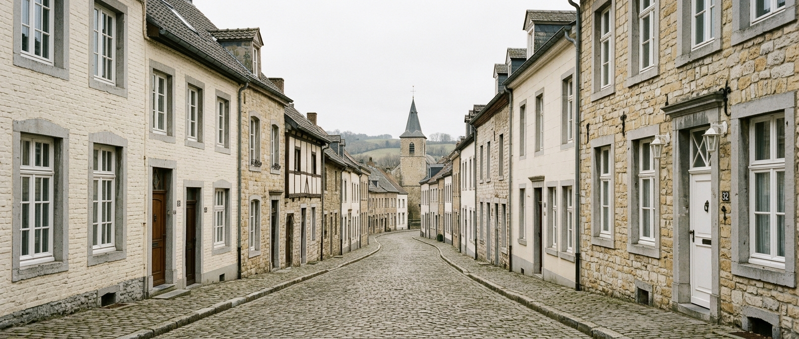 Historische straat in Vaals met klassieke Limburgse stadswoningen richting Sint-Pauluskerk, schilder in Vaals VDB Schilderwerken