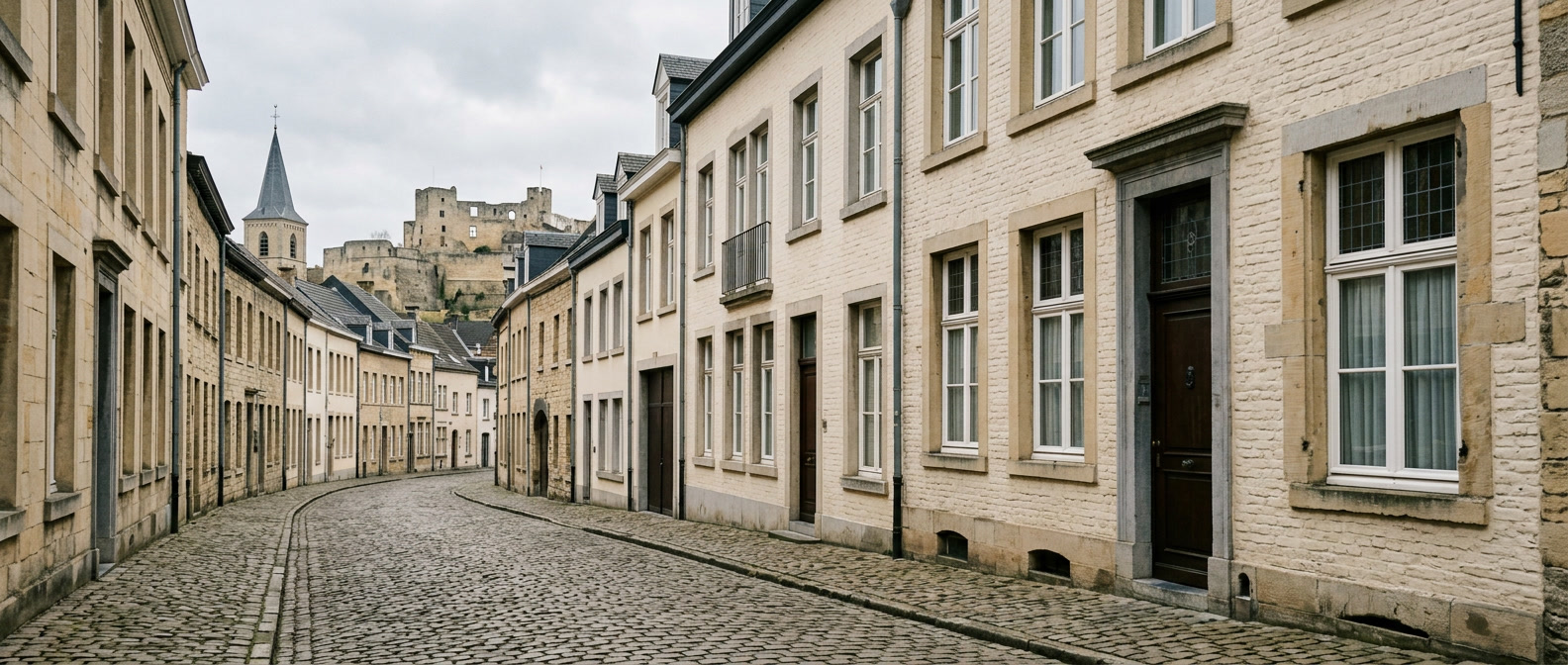 Historische straat in Valkenburg met klassieke stadswoningen richting Sint-Nicolaas- en Barbarakerk, schilder in Valkenburg VDB Schilderwerken
