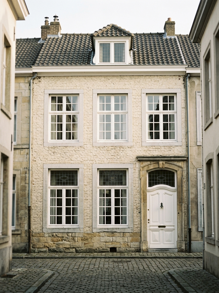 Klassieke stadswoning met natuursteen in historisch centrum van Valkenburg met witte kozijnen, schilder in Valkenburg door VDB Schilderwerken