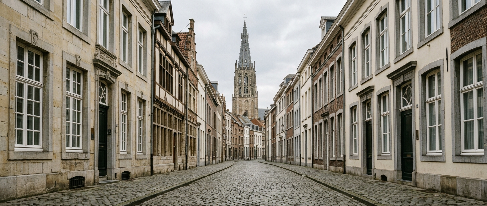 Historische straat in Venlo met klassieke stadswoningen richting Sint-Martinusbasiliek, schilder in Venlo VDB Schilderwerken