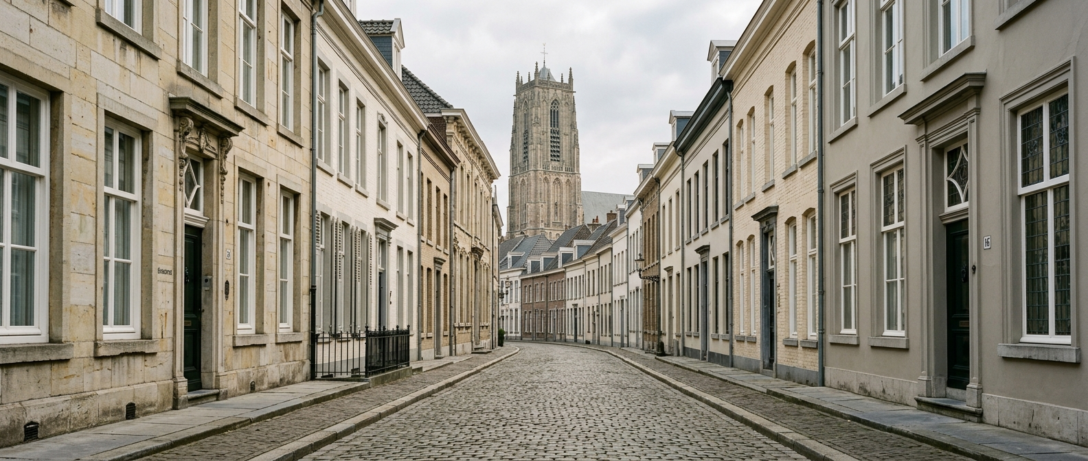 Historische straat in Venray met klassieke stadswoningen richting Grote Kerk, schilder in Venray VDB Schilderwerken