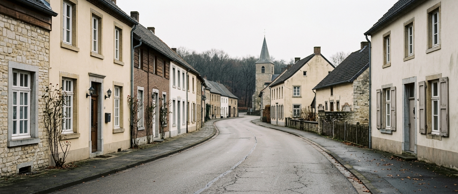 Rustige dorpsstraat in Vlodrop met klassieke Limburgse woningen richting Sint-Martinuskerk, schilder in Vlodrop VDB Schilderwerken