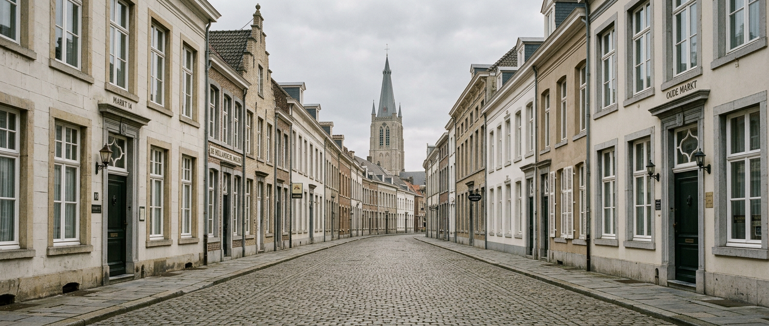 Historische straat in Weert met klassieke stadswoningen richting Sint-Martinuskerk, schilder in Weert VDB Schilderwerken